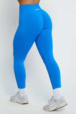 Blue leggings with scrunch bum design and ribbed waistband